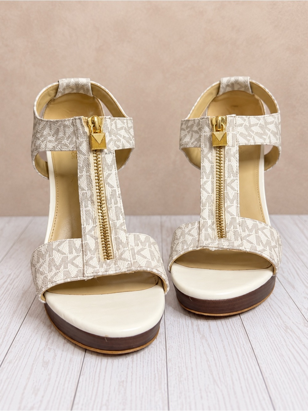 Michael Kors Cream Logo Zip T-Strap Platform Heels